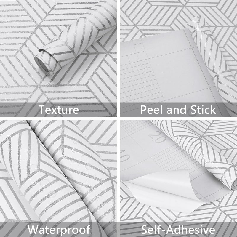 WENMER Geometric Hexagon Peel and Stick Wallpaper - 17.7 Inch x 394 Inch Silver Removable Self-Adhesive Vinyl Film for Home Drawer Shelf Use - Image 4